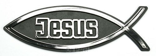 Auto embleem 13cm zilver vis tekst Jesus