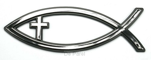 Auto embleem 13cm zilver vis met kruis