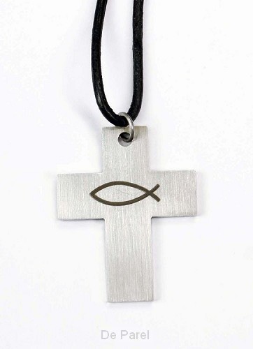 Ketting leer m edelstaalhanger vis