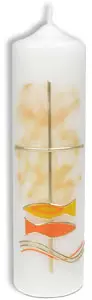 Kaars 22/6cm kruis/vissen oranje/geel